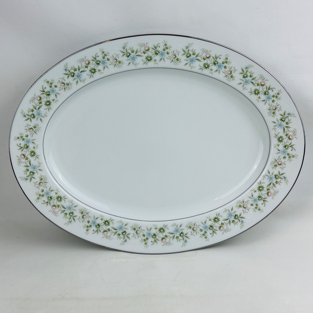 Noritake Savannah 13" Oval Serving Platter Floral Platinum Rim Japan 2031
